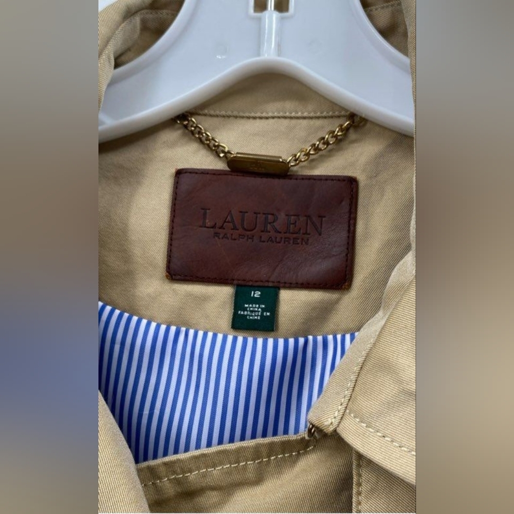 Lauren Ralph Lauren Designer Beige Tan Belted Trench Coat Stripe Blue Lining 12 - Picture 3 of 6